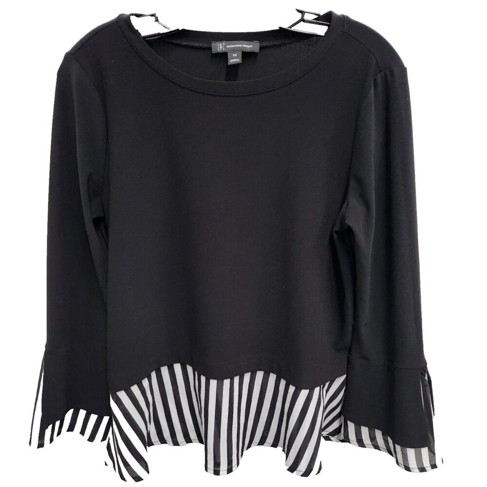 INC International Concepts Womens Top Petite Medium Black Striped Hem Minimalist